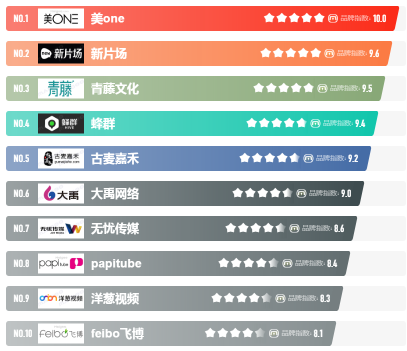 十大mcn機(jī)構(gòu)排行榜,是由CN10/CNPP品牌數(shù)據(jù)部門通過(guò)收集整理