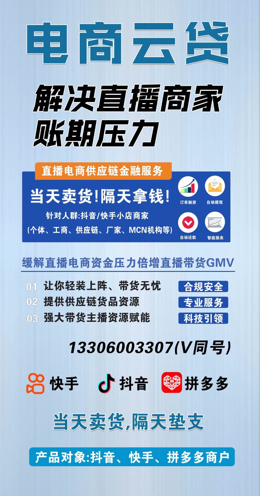 中國e直播帶貨供應(yīng)鏈機(jī)構(gòu)--?高墊資額度內(nèi)，提供墊資，解決商家們?nèi)辟Y金的問題